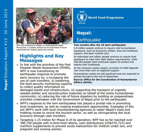 WFP Nepal Earthquake Situation Report #15, 30 June 2015