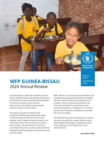 Cover of the “WFP Guinea-Bissau 2024 Annual Review,” showing schoolchildren in yellow uniforms seated at a table with a meal. The design includes the WFP logo and introductory text summarizing the report’s key themes on food security and resilience.