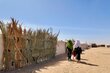 Women in traditional gowns and headscarves walk across a sandy strip with a line of makeshift shelters to their left. Photo: WFP/Mohamed Hanay