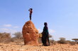 A little boy stands on a tall rock looking out over a desiccated landscape, with his mother behind him. Photo: WFP/CRC/Mohamed Ali
