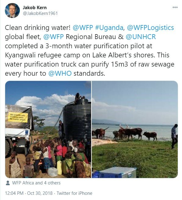 Tweet by Jakob Kern: Clean drinking water!  @WFP  #Uganda,  @WFPLogistics  global fleet,  @WFP  Regional Bureau &  @UNHCR  completed a 3-month water purification pilot at Kyangwali refugee camp on Lake Albert’s shores. This water purification truck can purify 15m3 of raw sewage every hour to  @WHO  standards.