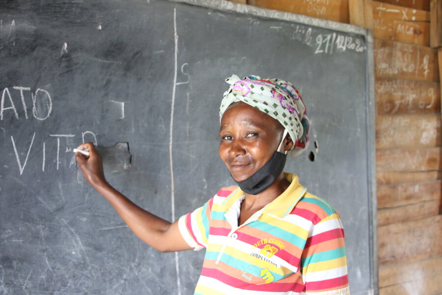 Desanges Kabuya Ndanzi in the classroom where she receives literacy training in DRC