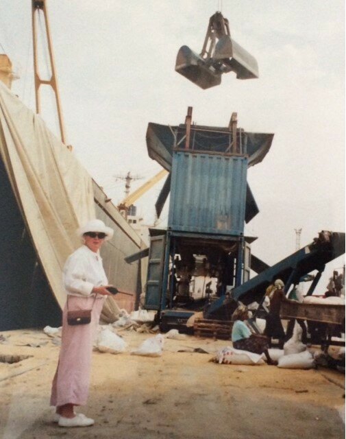 Mary at Massawa Port, Eritrea overseeing discharge operations in 2001.