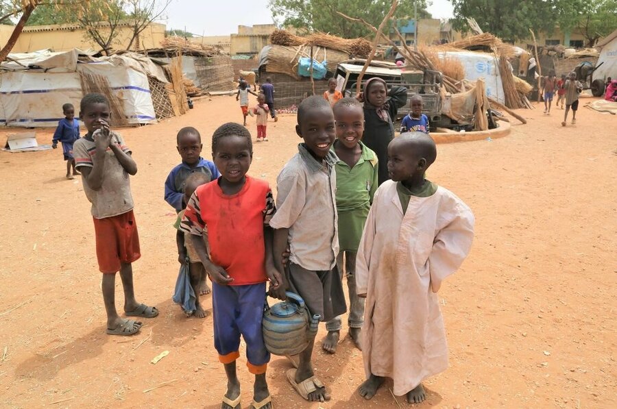 Children who were displaced from the Krinding camps are pictured in Geneina, the capital of West Darfur.