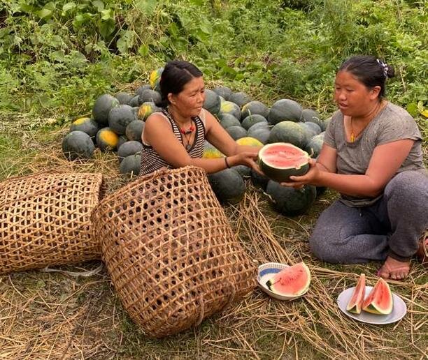 Women sitting with watermelons