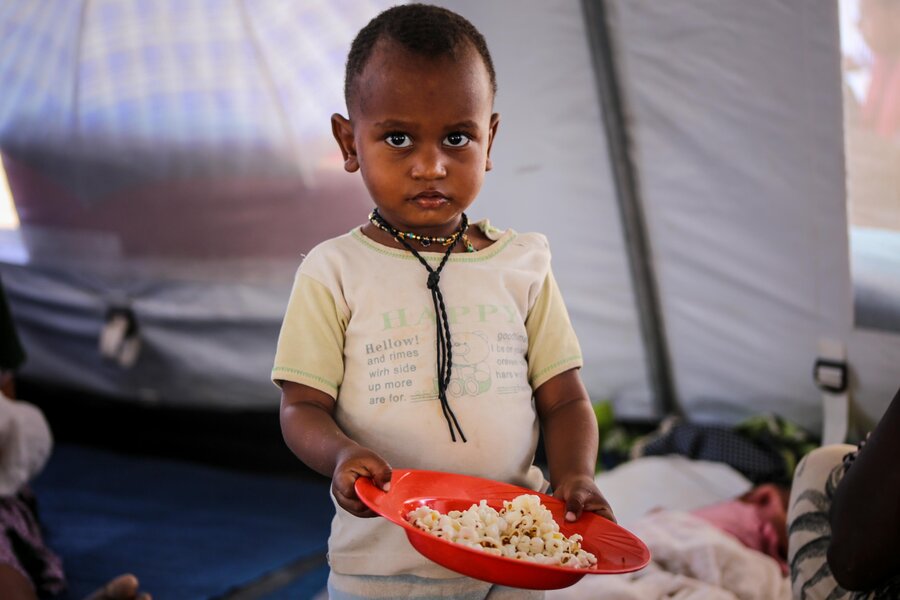 Child standing and holding a plate of food