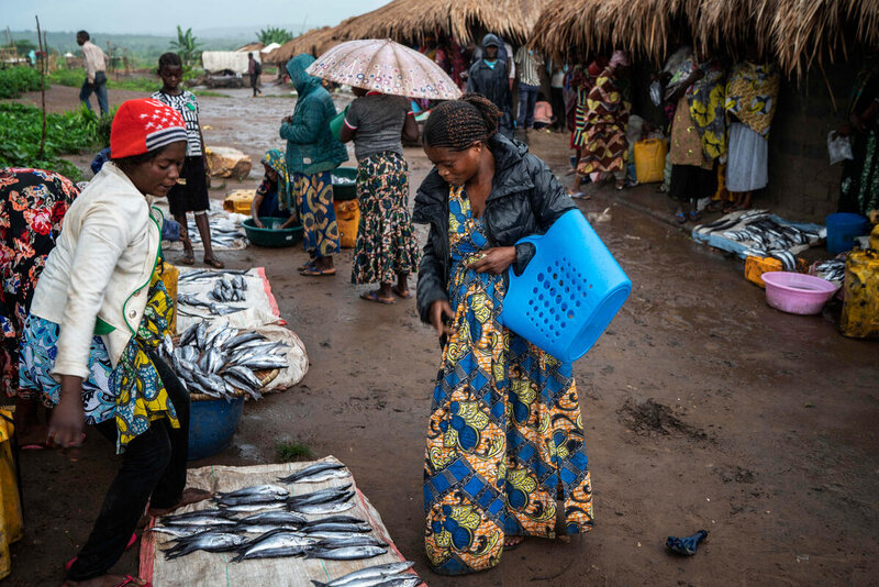 A woman in a patterned dress holds a shopping basket and inspects fish in a market.