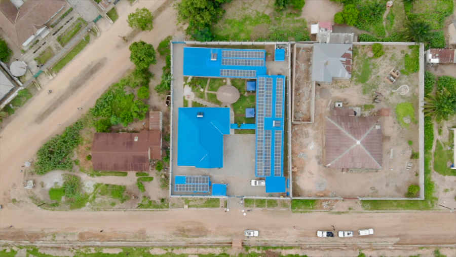 A aerial shot of a building.