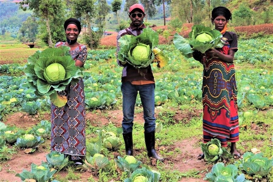 Members of the B'Impinduka cooperative pose for a picture with vegetables harvested from their farm. Harvested vegetables are shared among cooperative members and any surplus is sold at market. Photo: WFP/JohnPaul Sesonga