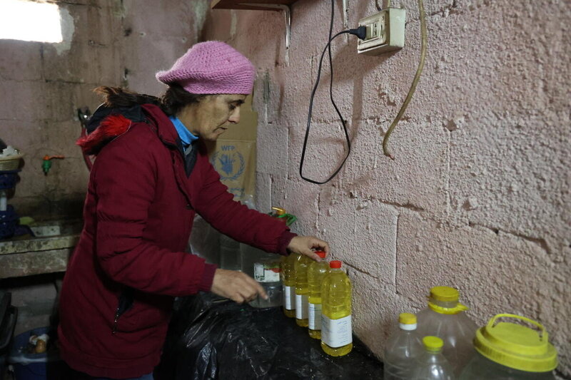 A woman with WFP goods at home in Syria