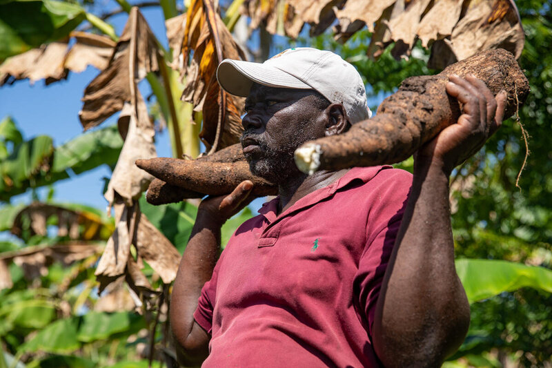 Marc, a farmer in the Central Department, with the new crops he's able to grow thanks to irrigation canals. Photo: WFP/TheresaPiorr