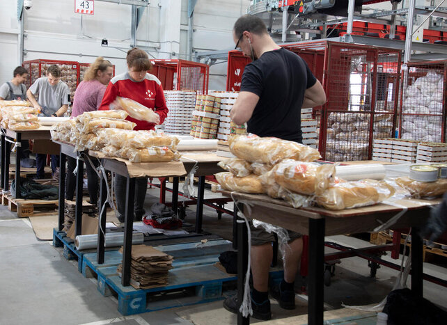 Ukraine. Bread and canned meat kitting at partner warehouse in Ukraine.