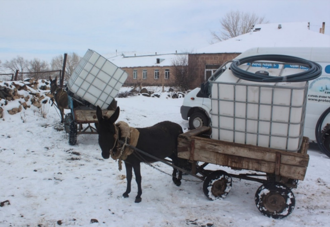 Due to harsh weather conditions, the people of Lusakert use donkeys to transport the water tanks provided to them. Photo credits: WFP/Mariam Avetisyan