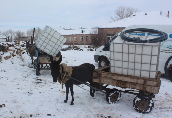 Due to harsh weather conditions, the people of Lusakert use donkeys to  transport the water tanks provided to them. Photo credits: WFP/Mariam Avetisyan