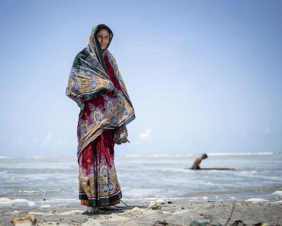 A woman wearing a sari stands on the shore of a beach