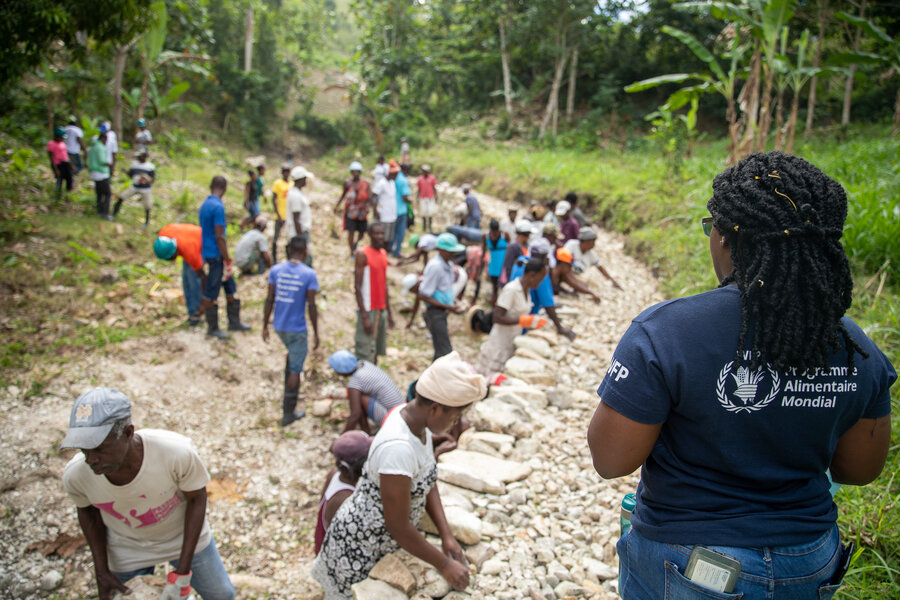 A WFP staff observes a group of people working on terracing in Haiti.