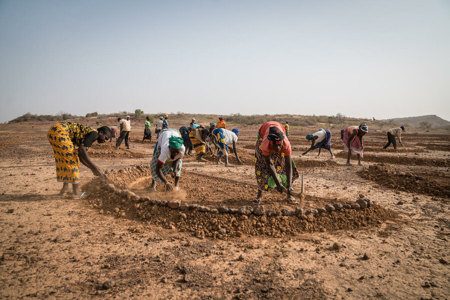 Burkina Faso: People in soil rehabilitation project in Sirghin dig half-moon shapes to harness water and rehabilitate the soil