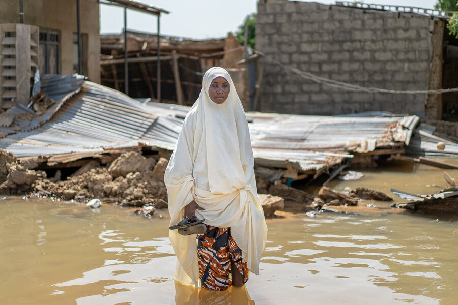 Huawa, 37, outside her home in Gigir, Yobe state, destroyed by in October. Photo: WFP/Arete/Khalid Abdulsalam Hamza