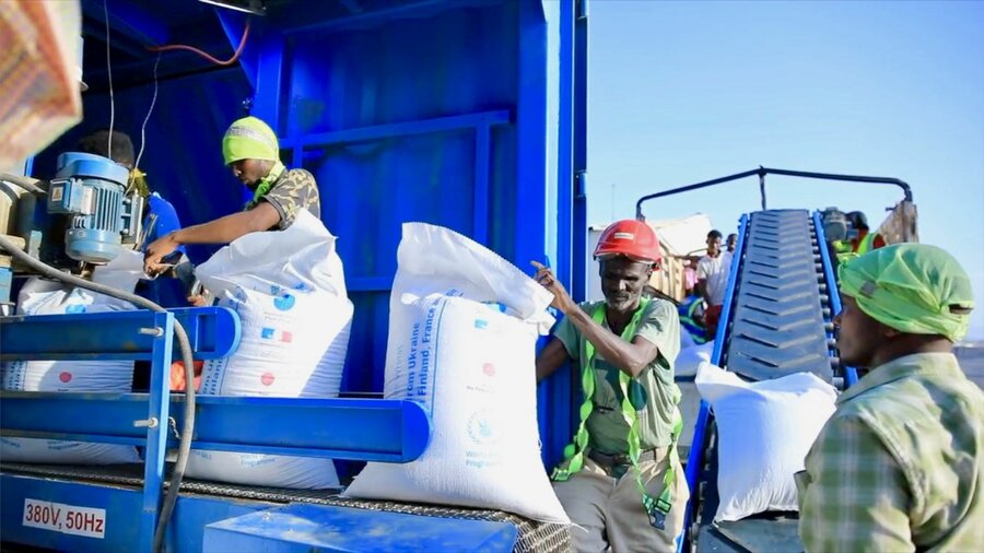 WFP wheat is offloaded in Somalia's Berbera port, after a shipment arrived thanks to the Black Sea Grain Initiative. Photo: WFP/Jamal Ali