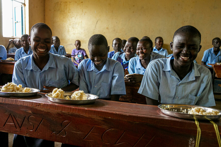 Lunchtime at a school supported by WFP in Eastern Equatoria in South Sudan - school meals programmes are a key aspect of WFP's work with the African Union. Photo: WFP/Eulalia Berlanga