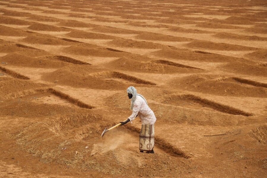 Farmers in Ethiopia's Somali region dig half-moons that better capture and store rainwater for plants, as part of a WFP-supported sustainable land management project. Photo: Michael Teweld