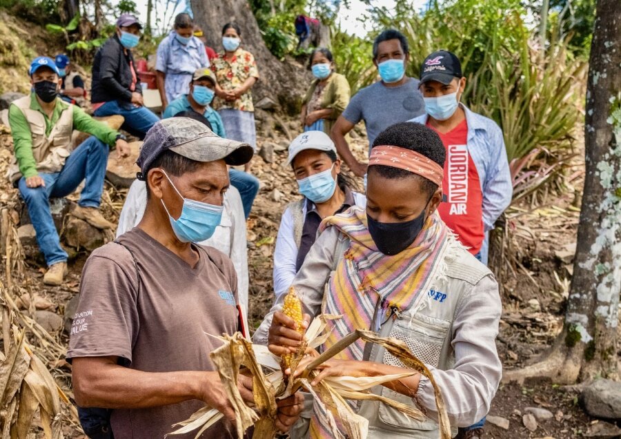 Elizabeth checks out maize with a farmer in Honduras. Her childhood in Zimbabwe taught her what it means to go hungry. Photo: Behind the Cause