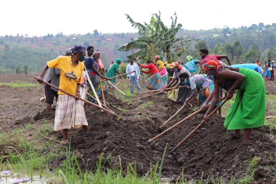 Women and other farmers dig an irrigation canal as part of a WFP-supported project in Rwanda, where they receive government-backed climate insurance. Photo: WFP/Daniel Kibsgaard