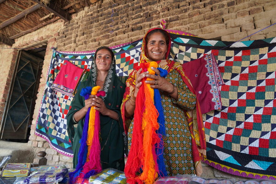 In her village near Matiari, Sindh, cash support enabled Shabiran, right, to invest in her embroidary business