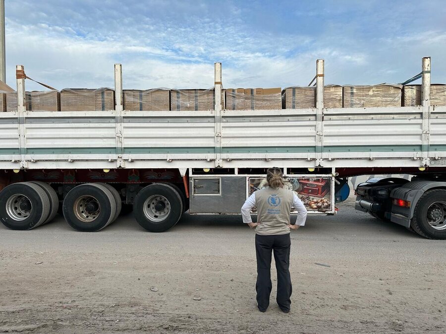 A truck packed with WFP food assistance at Rafah