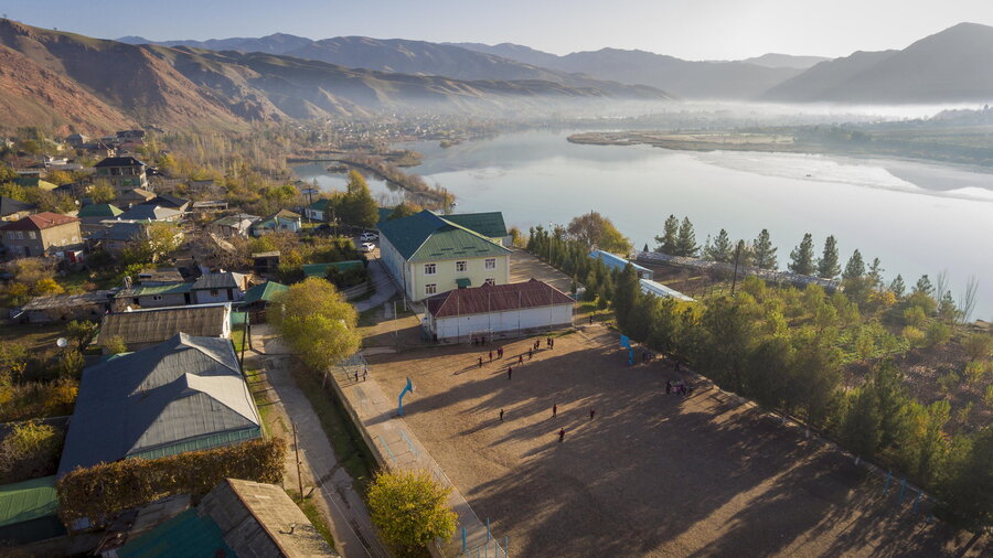 Aerial shot of school in Tajikistan