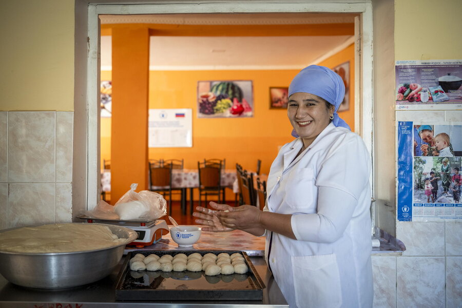 School cook prepares meals in Tajikistan