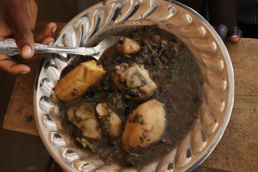 Haiti, Belle Onde village, Hinche municipality, Center Department, 8 April 2024  In the photo: a plate of stew made of fresh vegetable and wheat flour is served at national school of the Belle Onde village, in an impoverished arid area in the centre of Haiti.