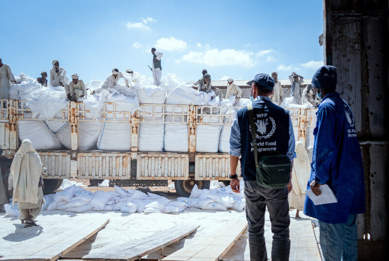 Bags of wheat flour taken off truck in Port Sudan