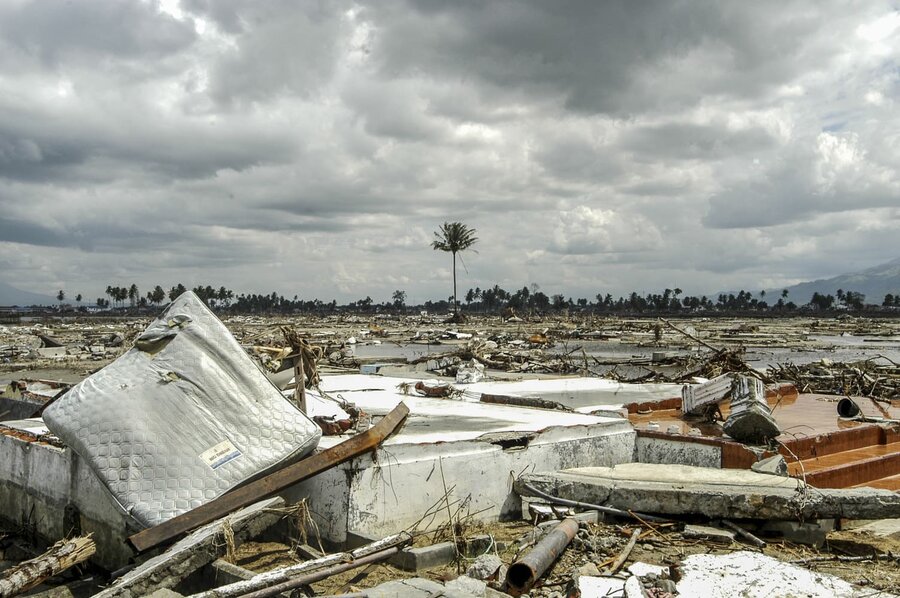 A mattress amid devastation in a flattened Banda Aceh after the 2004 tsunami