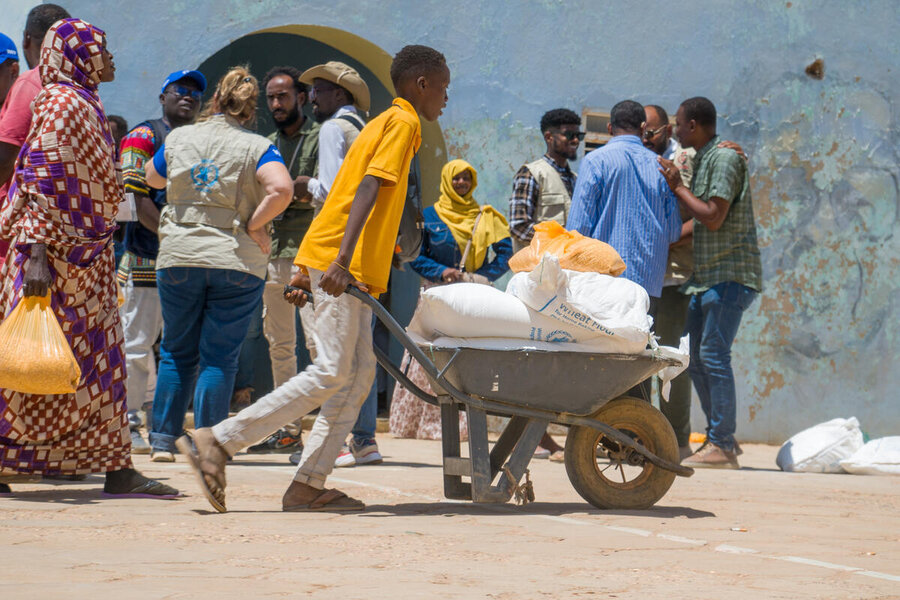 A boy in a yellow shirt pushes a wheelbarrow loaded with WFP bags as people congregate at a distribution in Sudan
