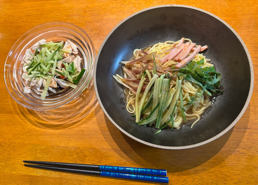 A Japanese meal with sesame oil, complete with blue chopsticks. Photo: Courtesy of Kana Kawasaki