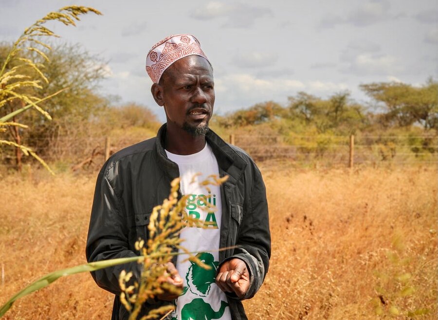 Hassan Ali Jare, wearing a red and white checkered hat and black jacket, stands in front of a golden field of hay. Photo: WFP/Patrick Mwangi
