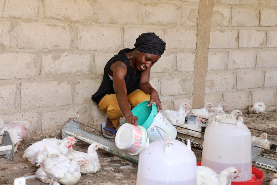 A women in a black headscarf and shirt feeds her chickens that surround her in a cement coop in Kenya. Photo: WFP/Khalifa Seydi Loum