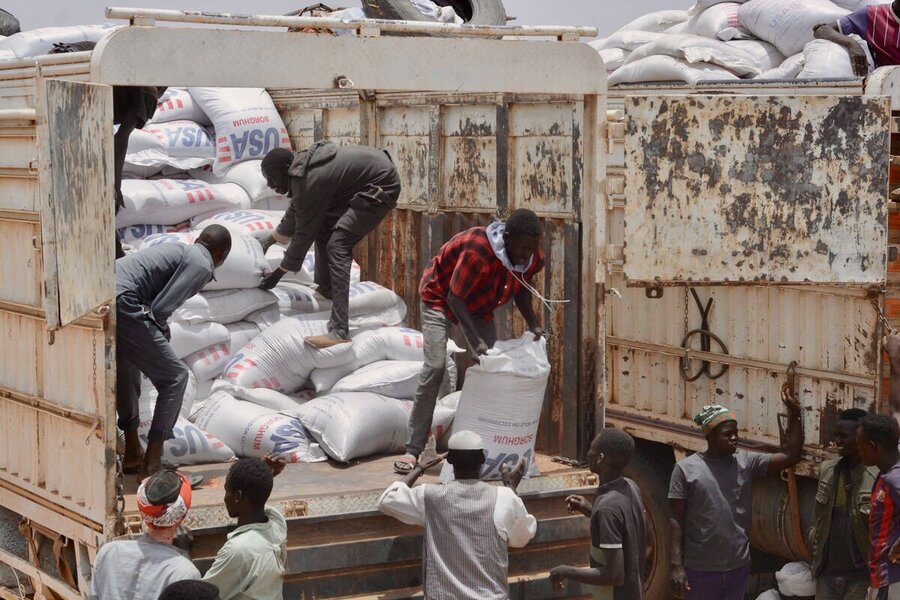 Men unloading bags of WFP food from a truck in Sudan. Photo: WFP/Mohamed Galal