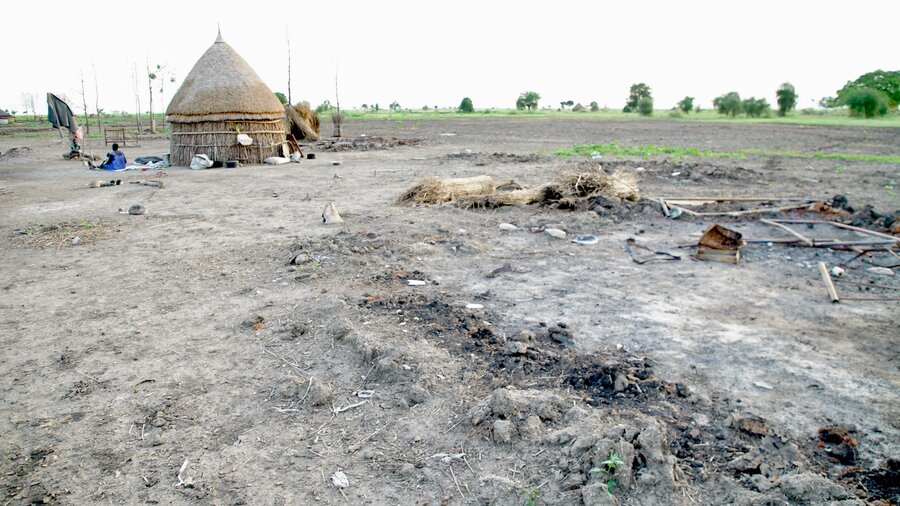 The debris of a home destroyed by fighting, with another mud and straw-thatched hut in the background. Photo: WFP/Eulalia Berlanga 