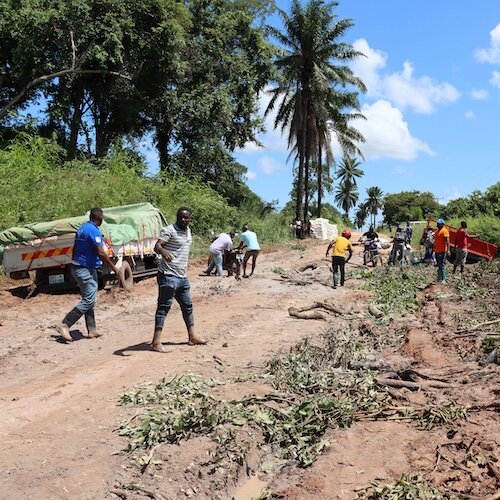People clear debris and repair a muddy rural road after flooding; a truck is stuck on the roadside under palm trees.