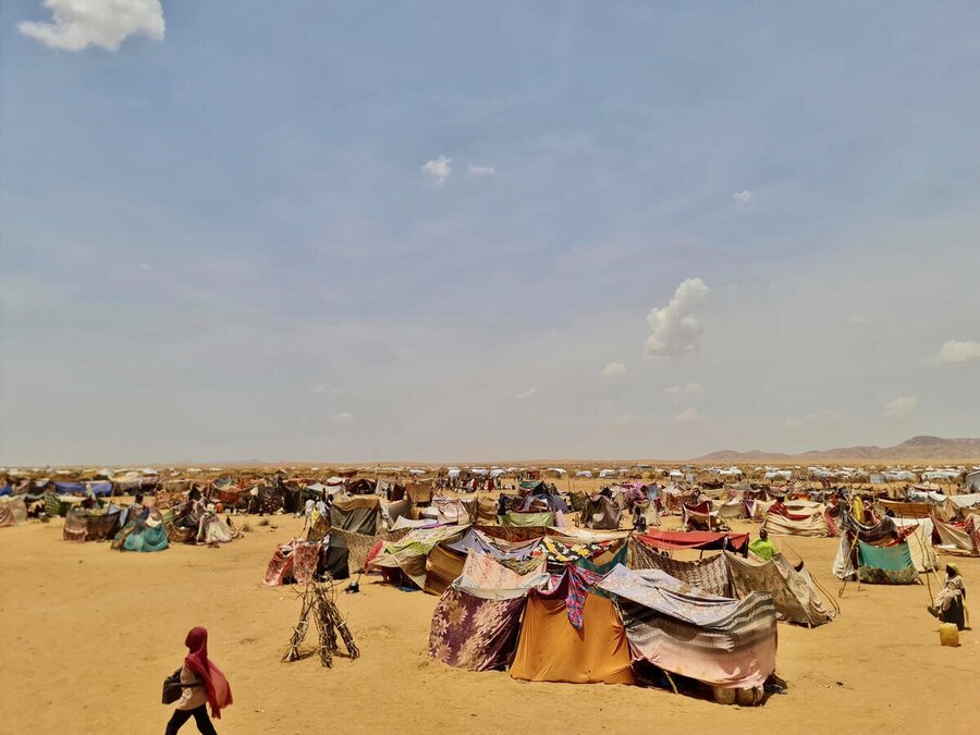 A wide shot of makeshift cloth tents surrounded by desert that comprises Tawila displacement camp, in Sudan's North Darfur State. Photo: WFP/Mohamed Galal