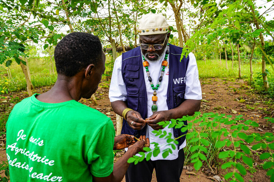 A man wearing beads and a WFP vest examines plants with a farmer in Benin, which grows food for WFP-supported school meals. Photo: WFP/Richard Mbouet