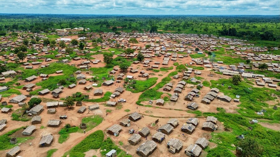 An aerial view of a collection of modest, mud-brick houses that comprise the Mbile refugee camp in eastern Cameroon. Photo: WFP/Jordan Onana 