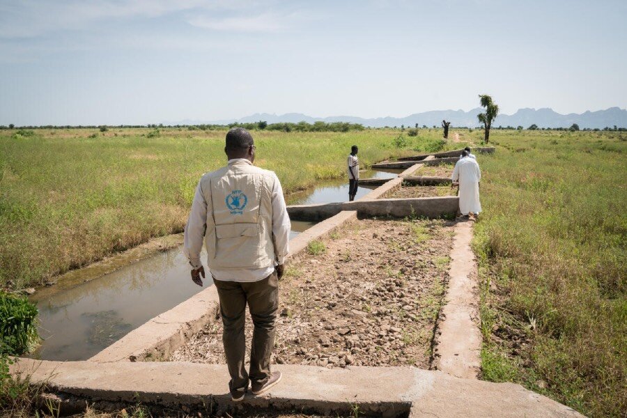 A man wearing a tan WFP jacket checks out a dike in a grassy plain. Photo: WFP/Evelyn Fey