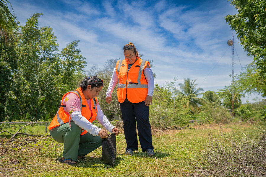 Two women wearing high-visibility vests conduct fieldwork in a grassy rural area.