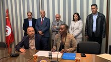 Photo: WFP/Agustin Depetris, The Commissar for Agriculture (front left) and Head of WFP Tunisia (front right) signed the partnership agreement at the Governorate House in Siliana.