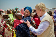 Ms. Cindy McCain, Executive Director of the World Food Programme and the United Nations Deputy Secretary-General Amina Mohammed visiting the Farchana refugee camp in Chad