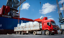 Photo: WFP/Abubaker Garelnabei. Shipment of WFP wheat bags offloading from ship to trucks, Sudan, Red Sea State, Port Sudan, 20 February 2024.