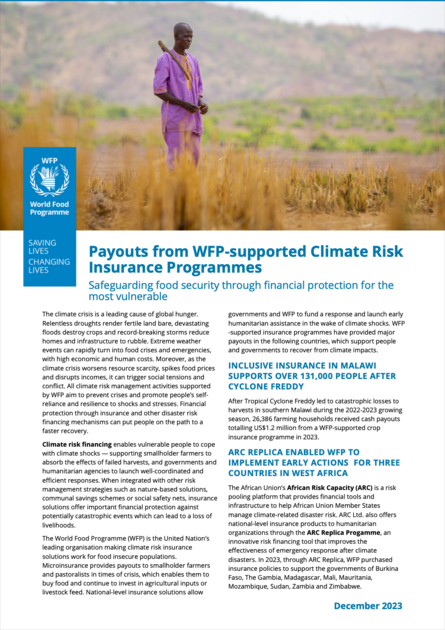 Payouts from WFP-supported Climate Risk Insurance Programmes Safeguarding food security through financial protection for the most vulnerable
